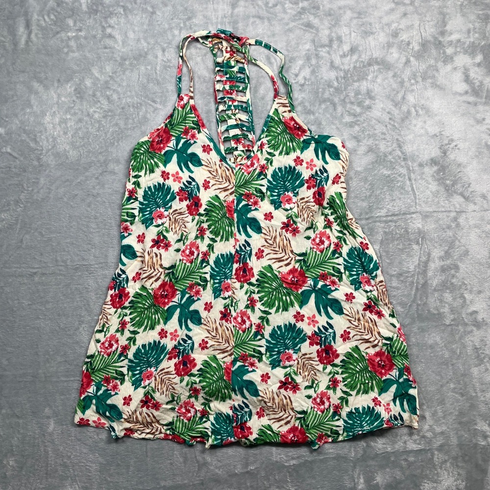 Aakaa Floral Tropical Tank Top Womens Small Multicolor Ladder Cutout Racerback